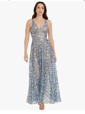 NWT Dress the Population Ariyah Blue Sequin Embroidered Maxi Dress